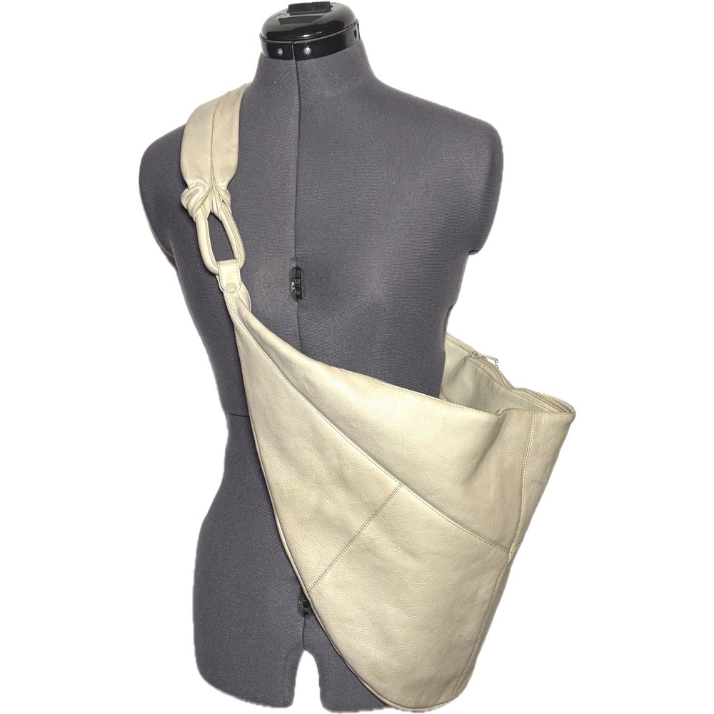 Vtg 80s Cream Leather Hobo Slouch Bag Knotted Strap Boho Sling Y2K Style STAINED